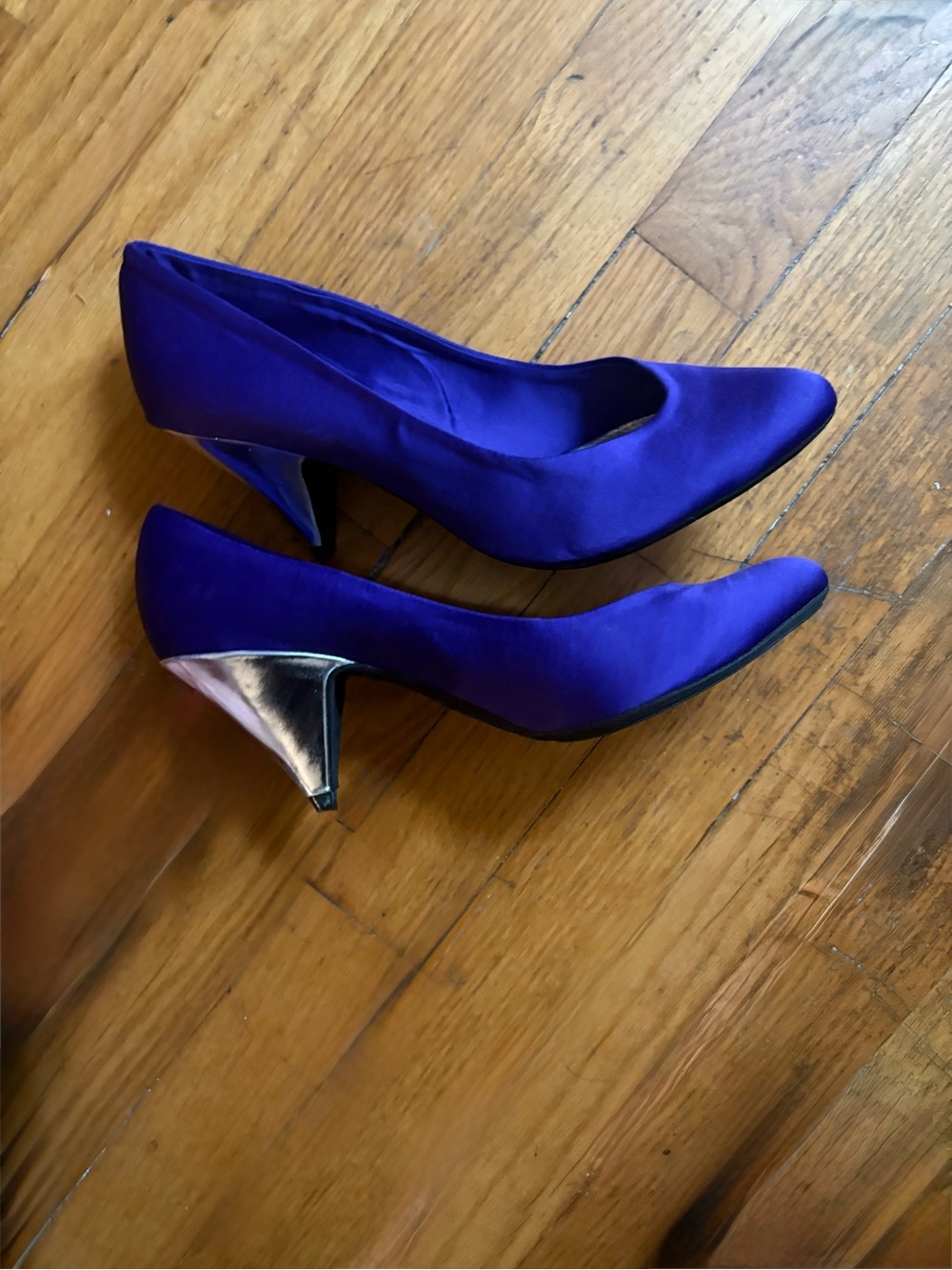 Capelli of New York Purple Satin Pointed-Toe Pumps with Silver Metallic Heel